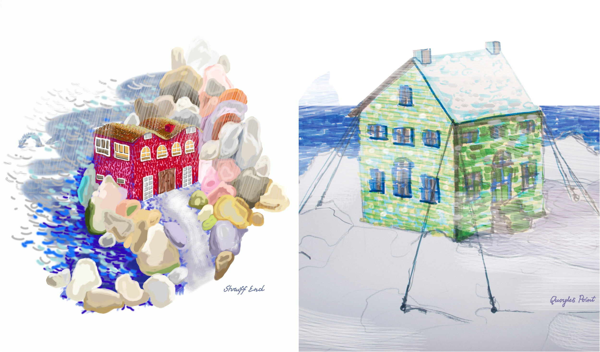 Drawings by Katrīna Ģelze for my essay series "Unreal Estate" published in Elsewehere Journal